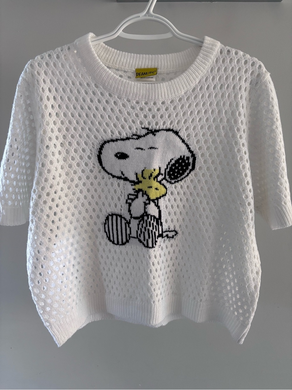 Peanuts White Snoopy & Woodstock Mesh Knit Sweater